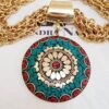 Colar Tibetano Cerâmica Turquesa e Vermelho Elo Cadeado-22 Banho Ouro