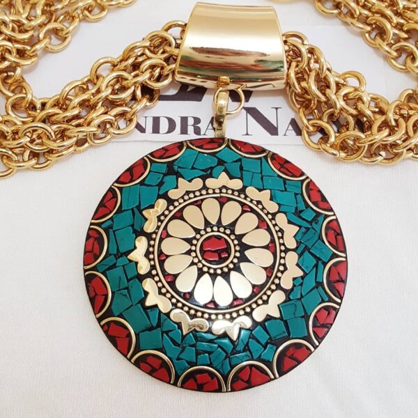 Colar Tibetano Cerâmica Turquesa e Vermelho Elo Cadeado-22 Banho Ouro