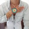 Colar Tibetano Caquinho Turquesa e Vermelho Elo Português-23 Banho Ouro