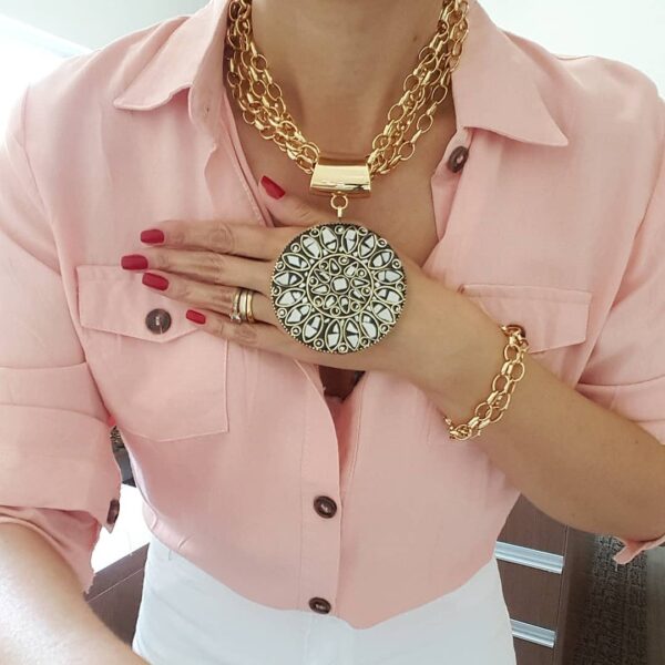 Colar Tibetano Cerâmica Branca 4 Voltas Corrente Aço Elo português-23