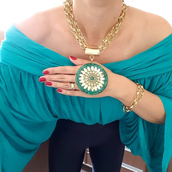 Colar Tibetano Cerâmica Verde 4 Voltas Corrente Aço Banho Ouro Elo Português-23