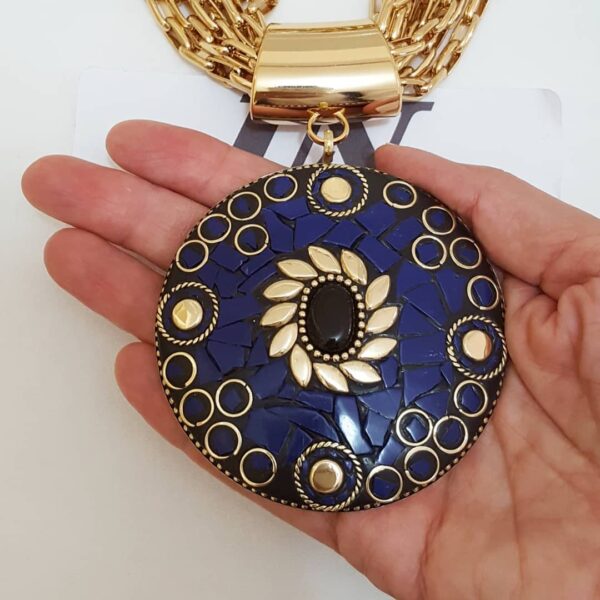 Colar Tibetano Cerâmica Azul 8 Voltas Corrente Banho Ouro Elo Retangular-129