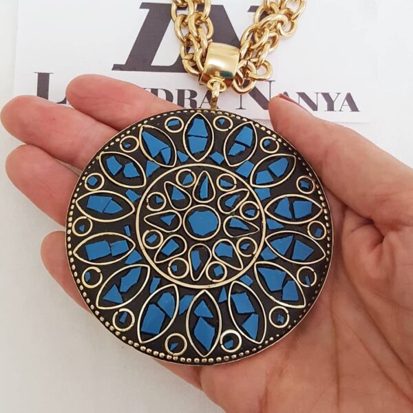 colar_tibetano_dourado_pingente_caquinho_azul_elo_portugues_23_8196_3_20191231153848 Colar Tibetano Cerâmica Azul Corrente Aço Elo Cadeado-22 Banho Ouro