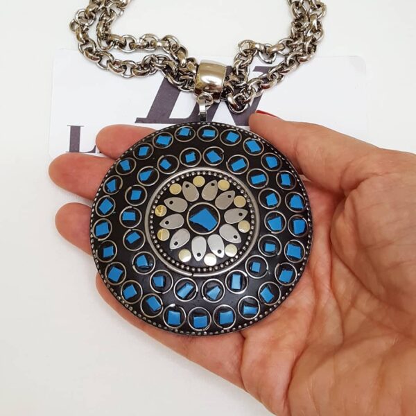 Colar Tibetano Caquinho Cerâmica Azul 2 Voltas Elo Português-106 Banho Prateado