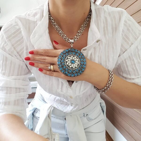 Colar Tibetano Caquinho Cerâmica Azul 2 Voltas Elo Português-106 Banho Prateado