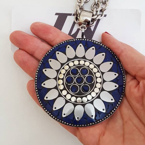 Colar Tibetano Cerâmica Azul 2 Voltas Elo Cadeado-22 Banho Prateado