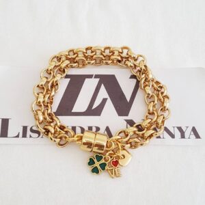 Pulseira Trevo Love Coração Banho Ouro Corrente Aço Elo Português-106