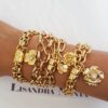 Pulseira Rosa e Flor Banho Ouro Corrente Aço Elo Alternado 2 Fecho Ímã