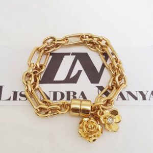Pulseira Rosa e Flor Banho Ouro Corrente Aço Elo Alternado 2 Fecho Ímã