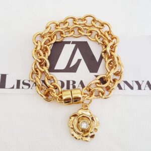 Pulseira Pingente Rosa Banho Ouro Corrente Aço Elo Cadeado-22