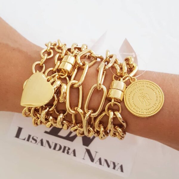 Conjunto Dourado 4 Pulseiras Fecho de Ímã Coração Anjo da Guarda 20cm Conjunto Banho Ouro 4 Pulseiras Corrente Aço Elos Grandes Coração Anjo