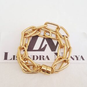 Pulseira Banho Ouro Elo Retangular-423 Corrente Aço 2 Voltas