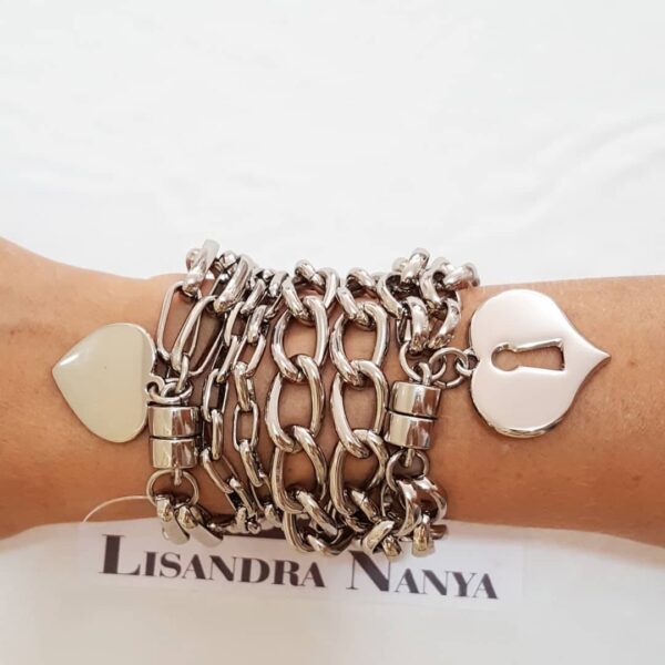 Conjunto 4 Pulseiras Elos Grandes Pingente Coração Corrente Aço