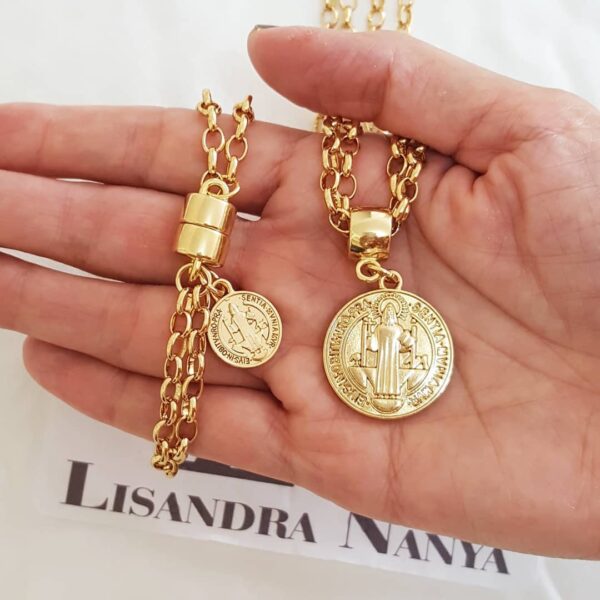 Conjunto São Bento Banho Ouro Colar Elo Português-130 + Pulseira