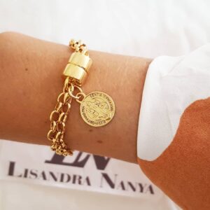 Pulseira São Bento Banho Ouro Corrente Aço 2 Voltas Elo Português-130