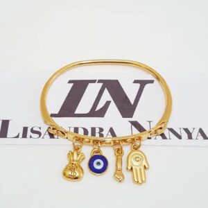 Pulseira Rígida Banho Ouro Pingentes Olho Grego Hamsa Dinheiro Figa