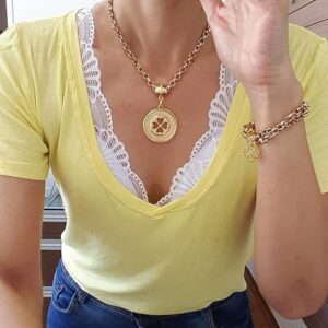 Conjunto Colar e Pulseira Trevo da Sorte Banho Ouro Elo Português
