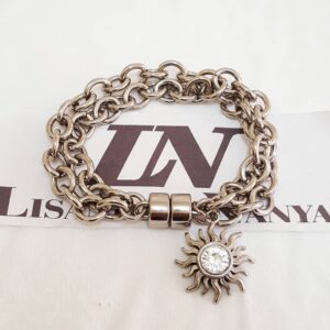 Pulseira Prateada Elo Cadeado-22 Pingente Sol Fecho Ímã 20cm Pulseira Pingente Sol Banho Prateado Corrente Aço Elo Cadeado-22
