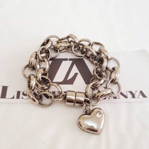 Pulseira Prateada Elo Português-145 Pingente Coração Fecho Ímã (20cm) Pulseira Pingente Coração Banho Prateado Corrente Aço Elo Português-145
