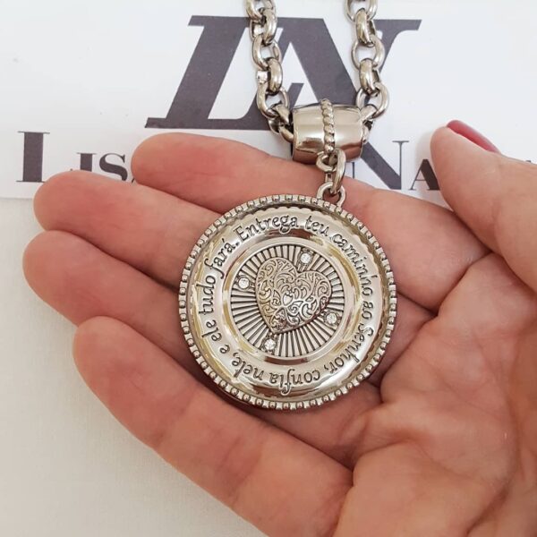 Conjunto Colar Mandala Coração 3D + Pulseira Corrente Aço Elo Português-106