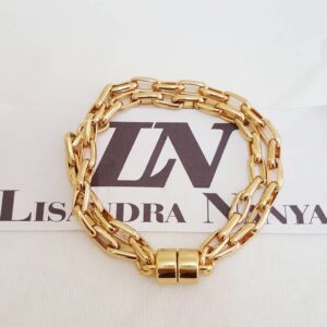 Pulseira Banho Ouro Corrente Aço 2 Voltas Elo Retangular-129 Fecho Ímã