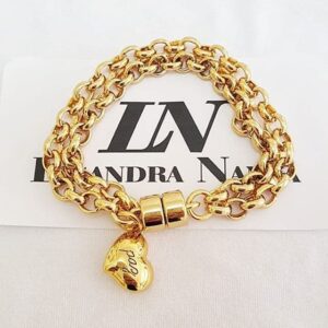 Pulseira Coração Banho Ouro Escrito Paz Corrente Aço Elo Português