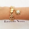Pulseira Sol c/ Strass Banho Ouro Corrente Aço Elo Cadeado-22