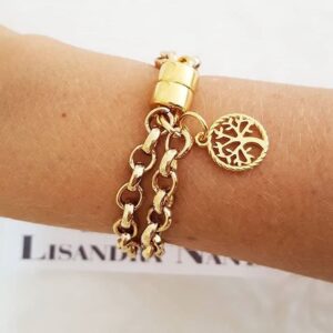 Pulseira Árvore da Vida Banho Ouro Corrente Aço Elo Português-106