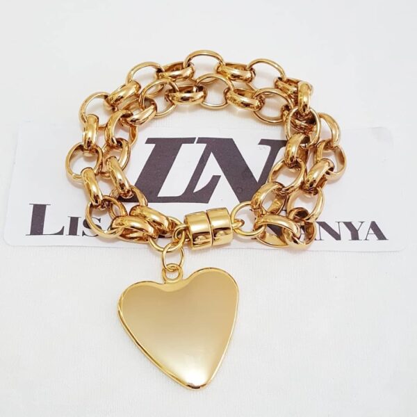 Pulseira Coração Plano Grande Banho Ouro Elo Português-145 Corrente Aço