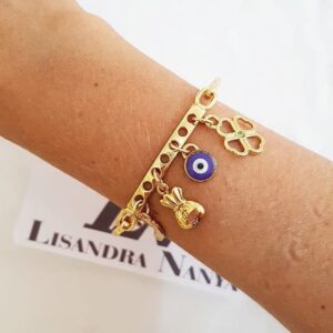 Pulseira Rígida Pingentes Sorte Metal Banho Ouro Fechamento Encaixe