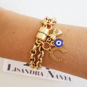 Pulseira Pingentes Sorte Olho Grego Banho Ouro Elo Português-106