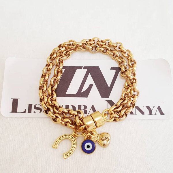 Pulseira Dourada Pingentes Sorte Ferradura Elo português-106 2 voltas fecho ímã 20cm Pulseira Pingentes Sorte Olho Grego Banho Ouro Elo Português-106