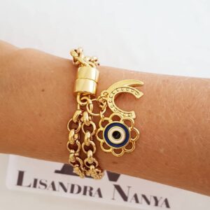 Pulseira Pingentes Sorte Olho Grego Banho Ouro Elo Português-106