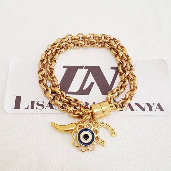 Pulseira Pingentes Sorte Olho Grego Banho Ouro Elo Português-106