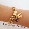 Pulseira Pingentes Dinheiro Sorte Olho Grego Banho Ouro Elo Português-106