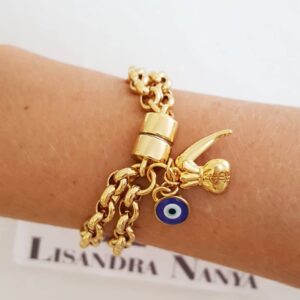 Pulseira Pingentes Dinheiro Sorte Olho Grego Banho Ouro Elo Português-106