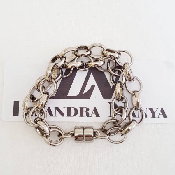 Pulseira Prateada 2 Voltas Elo Português-145 Fecho Ímã 20cm Pulseira Prateada Básica Corrente Aço Elo Português-145 Banho Galvânico